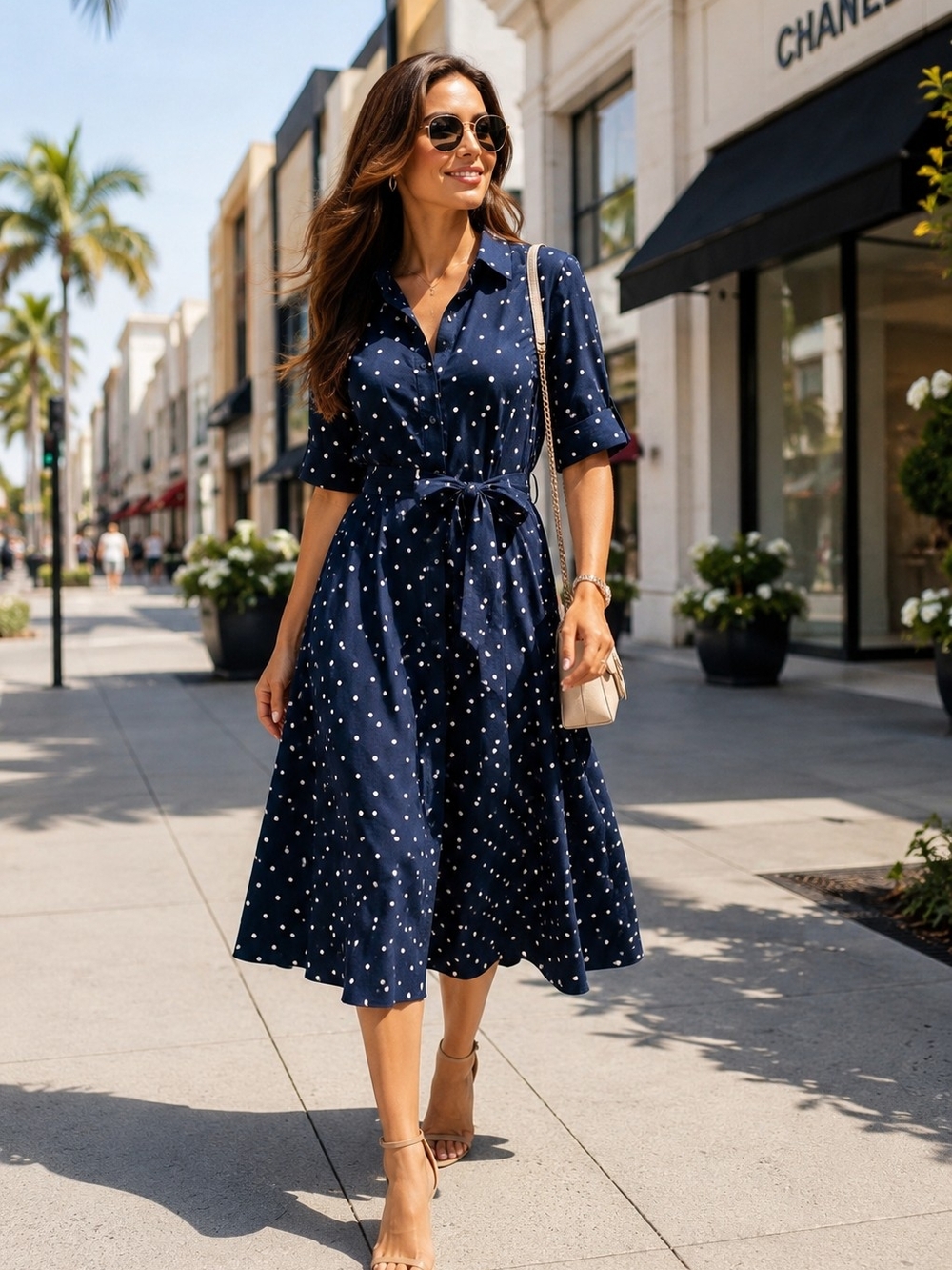 Dkny Navy Polka Dot Midi Shirt Dress